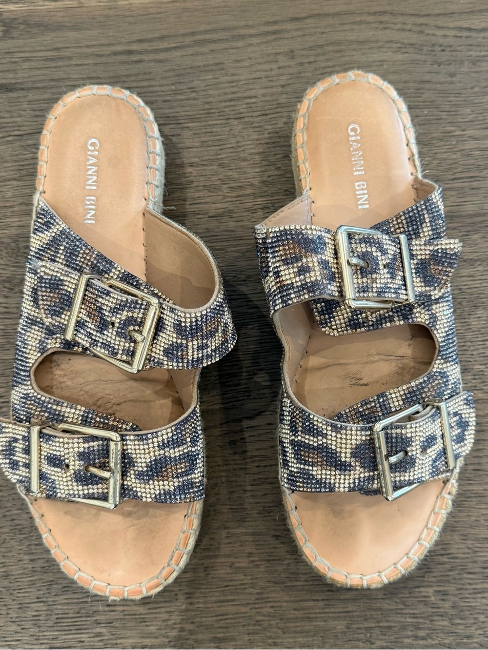Gianni Bini Women's Rhinestone Leopard Buckle Slide Sandals